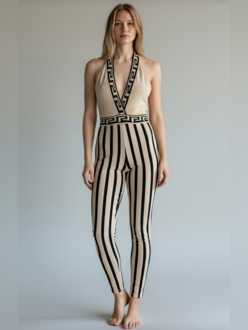 NWT! GOOD TIME USA! BLACK & TAN STRIPED, GREEK TRIM HALTER ONESIE, JUMPER! SZ S